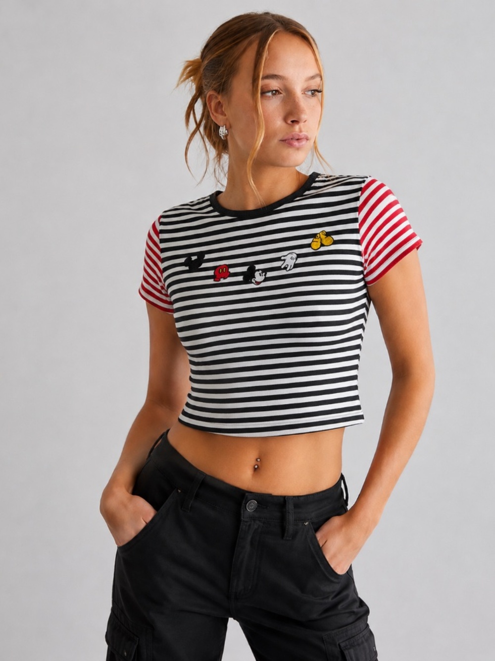 Playful‎ Retro Disney World Striped Mickey Ribbed Embroidered Tee